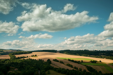 Fototapeta na wymiar Sunny fields with a cloudy sky.
