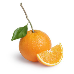 ripe round oranges with section, stem and leaf