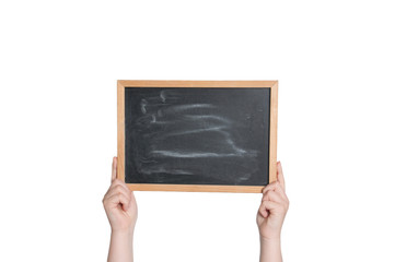 Hände halten schwarze, leere Tafel - Black Board