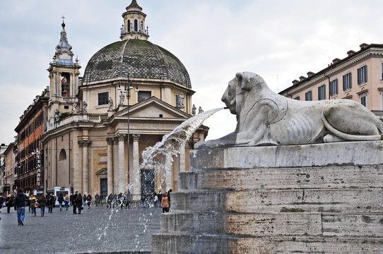 Roma, piazza del Popolo - fontana e Santa Maria Montesanto