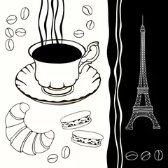 Crédence de cuisine en verre imprimé Illustration Paris Fond de tour eiffel et petit déjeuner traditionnel.