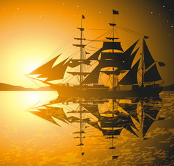 pirates ship against sunset © acnaleksy