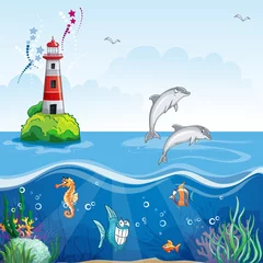 Schilderijen op glas Kinderillustratie van de vuurtoren en de zeedolfijnen. © nearbirds