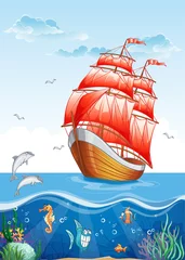  Illustratie van een zeilboot met rode zeilen. © nearbirds
