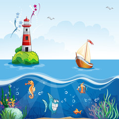 Children's illustration with lighthouse and sailboat.
