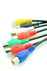 Close-up view of audio and video cables. Isolated on white..