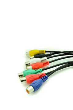 Close-up view of audio and video cables. Isolated on white..