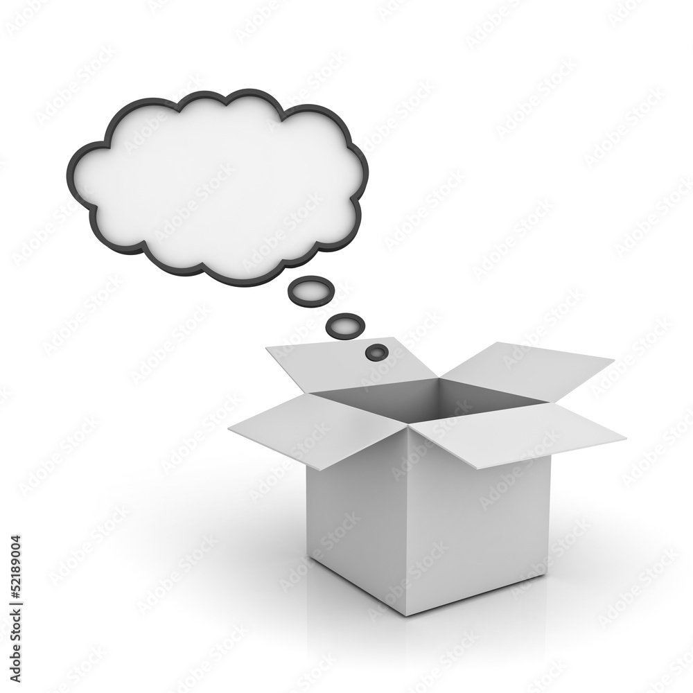 Poster open box with blank thought bubble over white background
