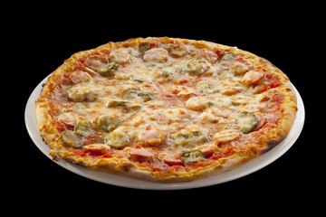 Pizza with cheese, pickles and sausage isolated on a black backg