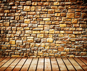 Grunge wall with wooden plank floor