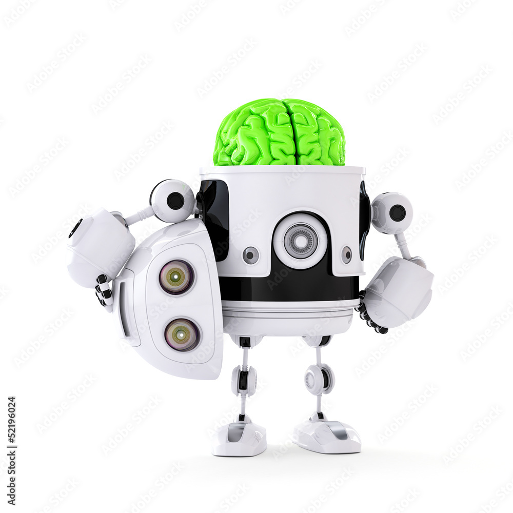 Poster android with huge green brain. artificial intellect concept