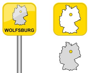 Wolfsburg - Ortsschild, Button und Deutschlandkarte
