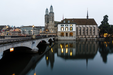 View on Grossmunster Church and Zurich Downtown in the Evening,