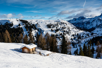 Fototapeta premium House in Passo Campolongo Valley near Skiing Resort of Arabba, D