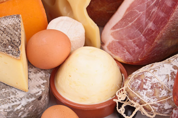 close up on dairy product and meat