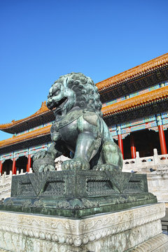 Copper lion sculpture in  Forbidden City, Beijing