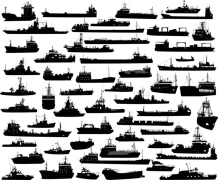 Set of 55 silhouettes of sea yachts, towboat and the ships