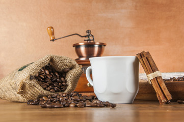 Traditional rural coffee theme on wooden table