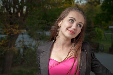 Fototapeta premium brunette teen girl on nature evening