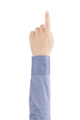 The index finger of a woman's hand touching virtual screen.