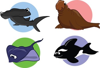 Большой набор морских животных мультфильма - obrazy, fototapety, plakaty