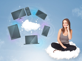 Young girl sitting on cloud enjoying cloud network service