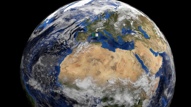 Algeria flag on pole on earth globe animation