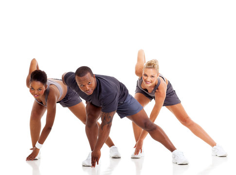 three people stretching exercise
