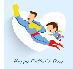 Afwasbaar Fotobehang Superhelden Superheld vader en zoon vliegen op witte hartvorm blauwe bac