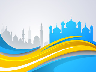 Silhouette of two Mosque or Masjid on colorful waves background.