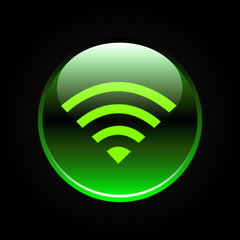 Green wifi or wireless button on black