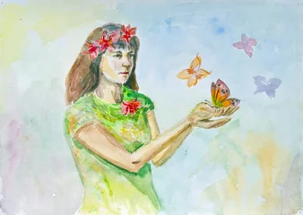 Fototapete Blumen Frau Aquarellzeichnung eines Mädchens mit Schmetterlingen