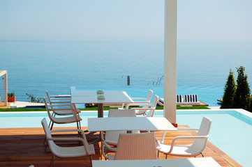 Sea view restaurant at the modern luxury hotel, Pieria, Greece