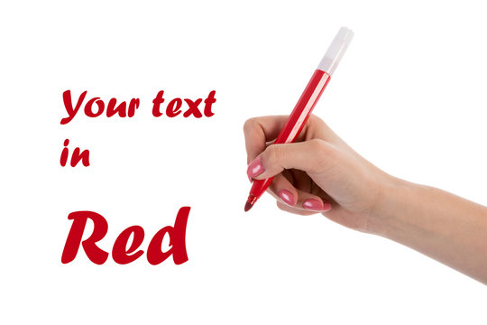 Hand writing with red pencil isolated on white background