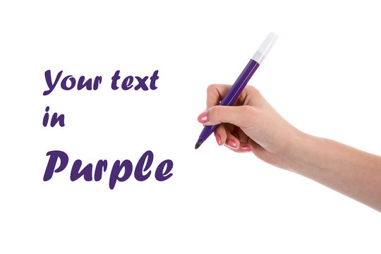 Hand writing with purple pencil isolated on white background