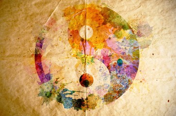 Watercolor yin yang symbol, old paper background - obrazy, fototapety, plakaty