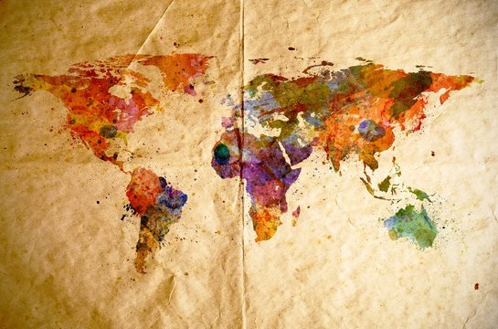 Watercolor world map, old paper background