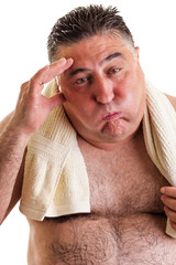 Closeup portrait of an exausted fat man after doing exercises - obrazy, fototapety, plakaty