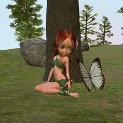 Fille elfe de la forêt et papillon
