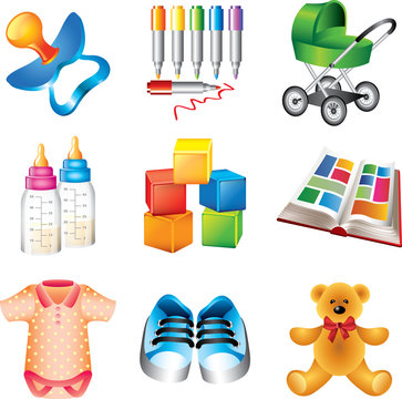 baby toys and things detailed icons vector set