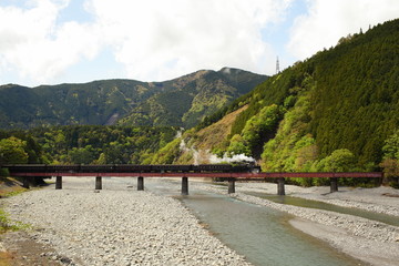 Steam Train is Crossing a Bridge