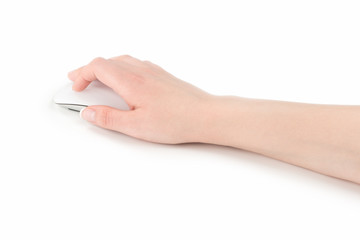 Woman's hand on a modern glass touch mouse.