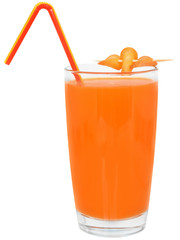 Glass of carrot juice decorated sliced carrots.