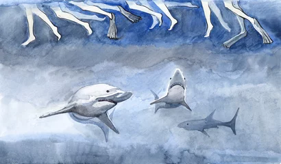 Papier Peint photo Lavable Peintures les requins