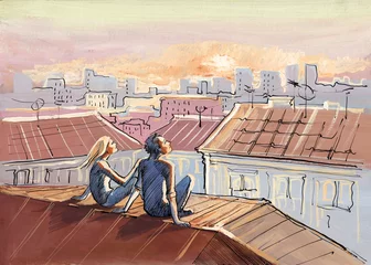 Crédence de cuisine en verre imprimé Peintures romance sur les toits de la ville