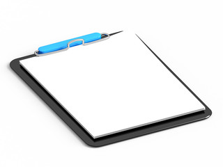 Black clipboard with blank sheets of paper isolated on white