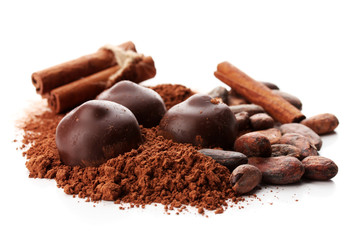 Composition of chocolate sweets, cocoa and spices, isolated