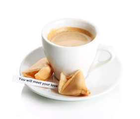 Cup of coffee and fortune cookies, isolated on white