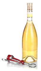 Corkscrew and bottle of wine isolated on white
