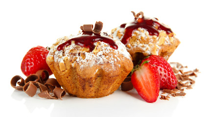 Tasty muffin cakes with strawberries and chocolate, isolated
